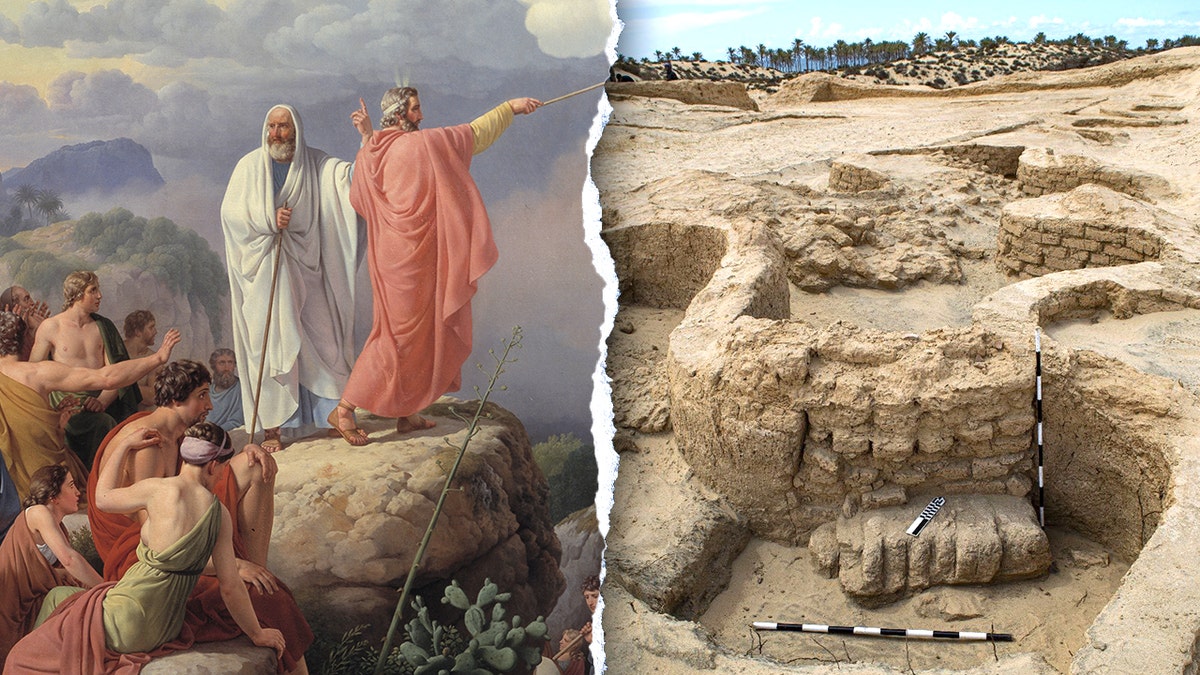 Split image of Moses painting, view of ancient fortress