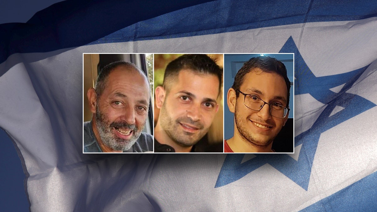 Photos of Eitan Levi, Uriel Baruch, and Tamir Nimrodi over photo of Israeli flag