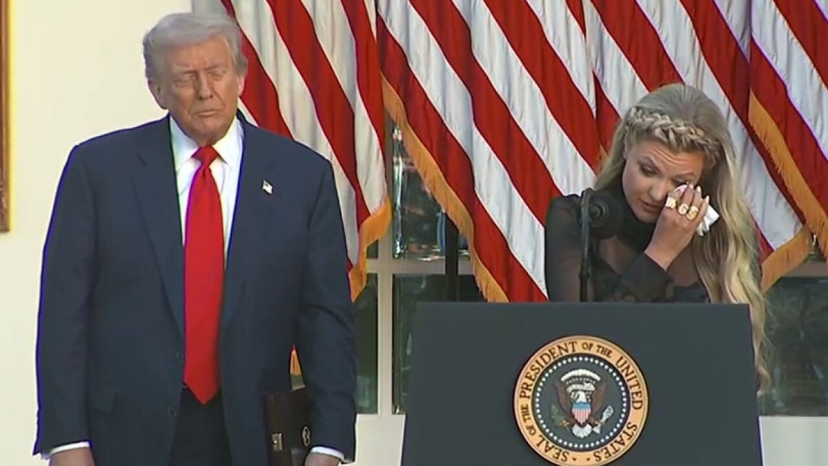 Erika Kirk dries a tear at White House ceremony