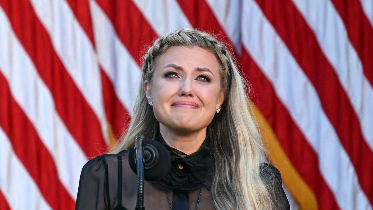 Erika Kirk becomes emotional while speaking at the Presidential Medal of Freedom ceremony