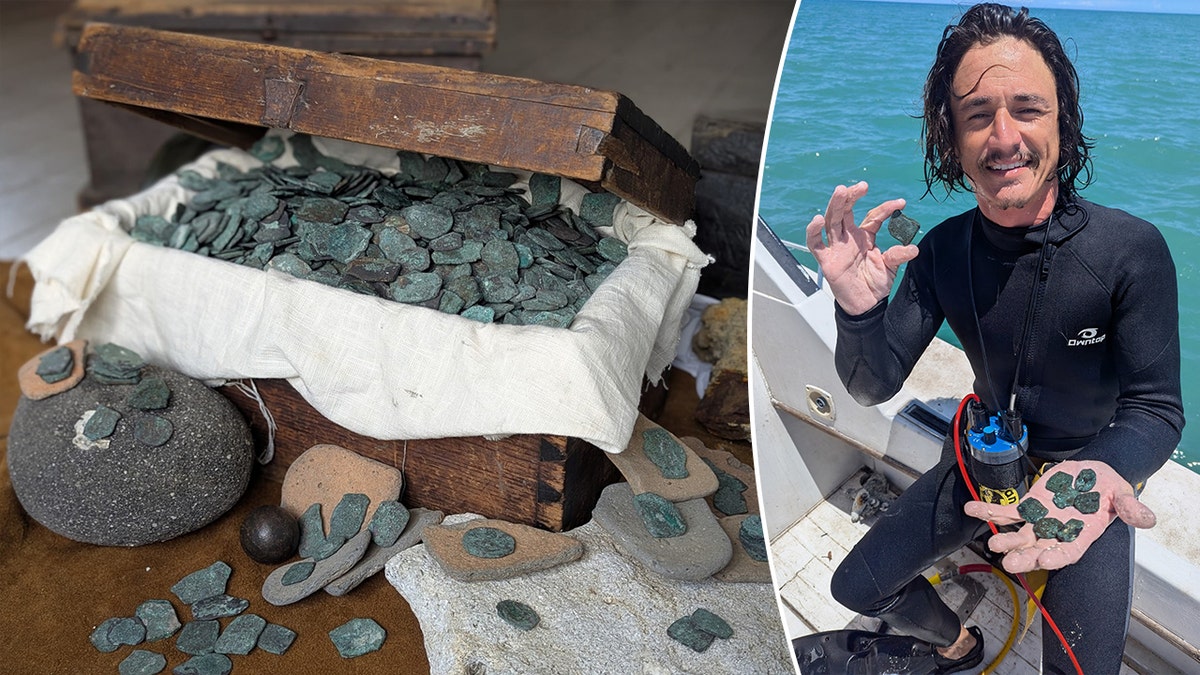 Splti image of treasure box next to silver coins