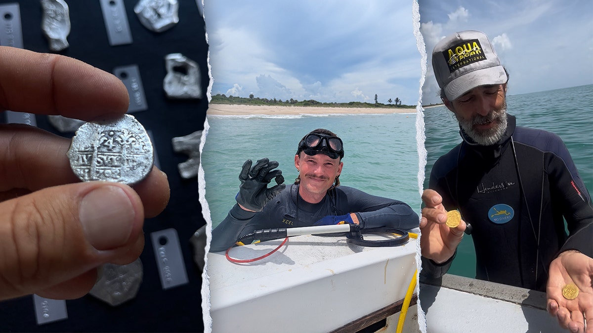 Three-way split image of divers holding coins and smiling