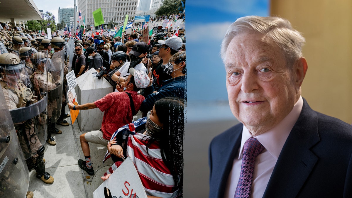 No Kings protest in Los Angeles pictured next to George Soros