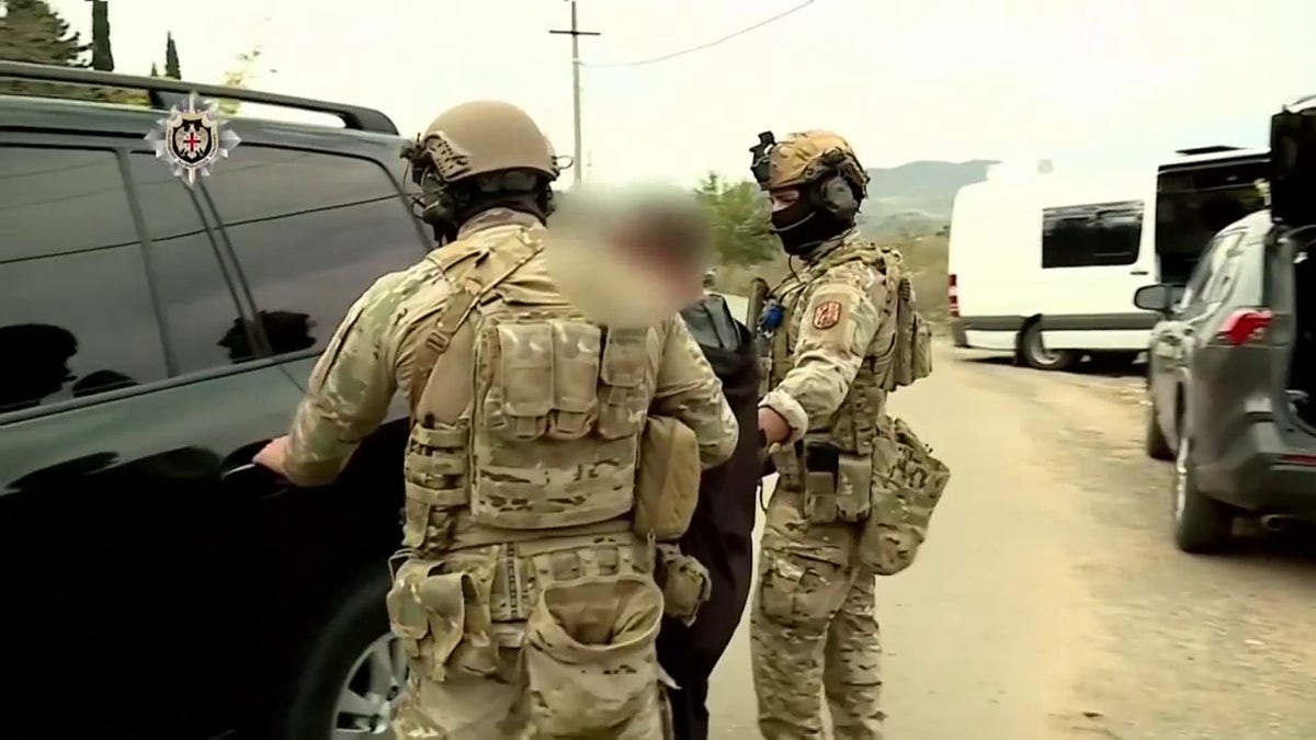 officials detain person to car