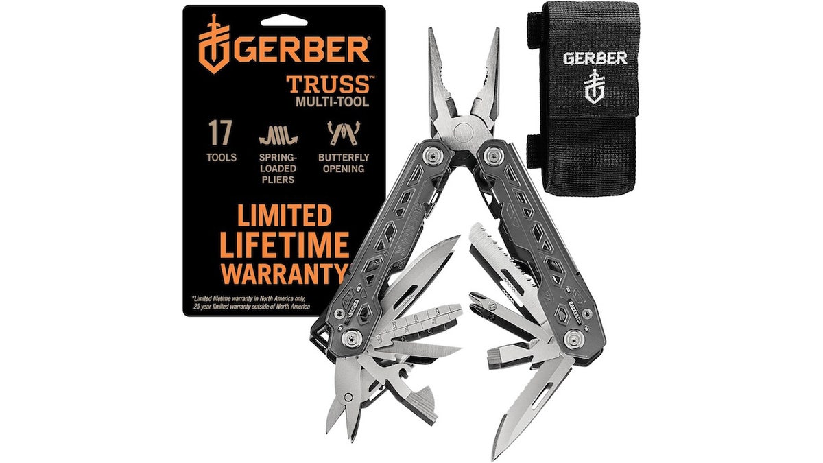 This multi tool has pliers, a knife, a saw and much more.