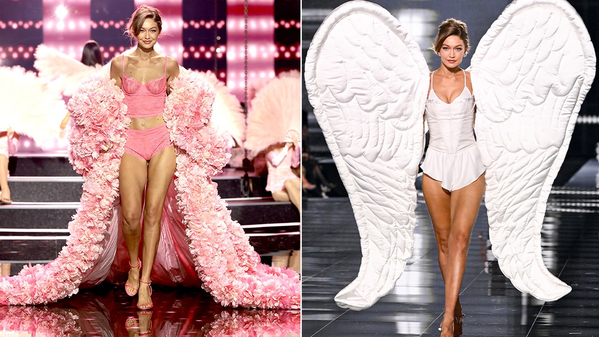 Gigi Hadid in a pink lingerie set split with her in a white set.