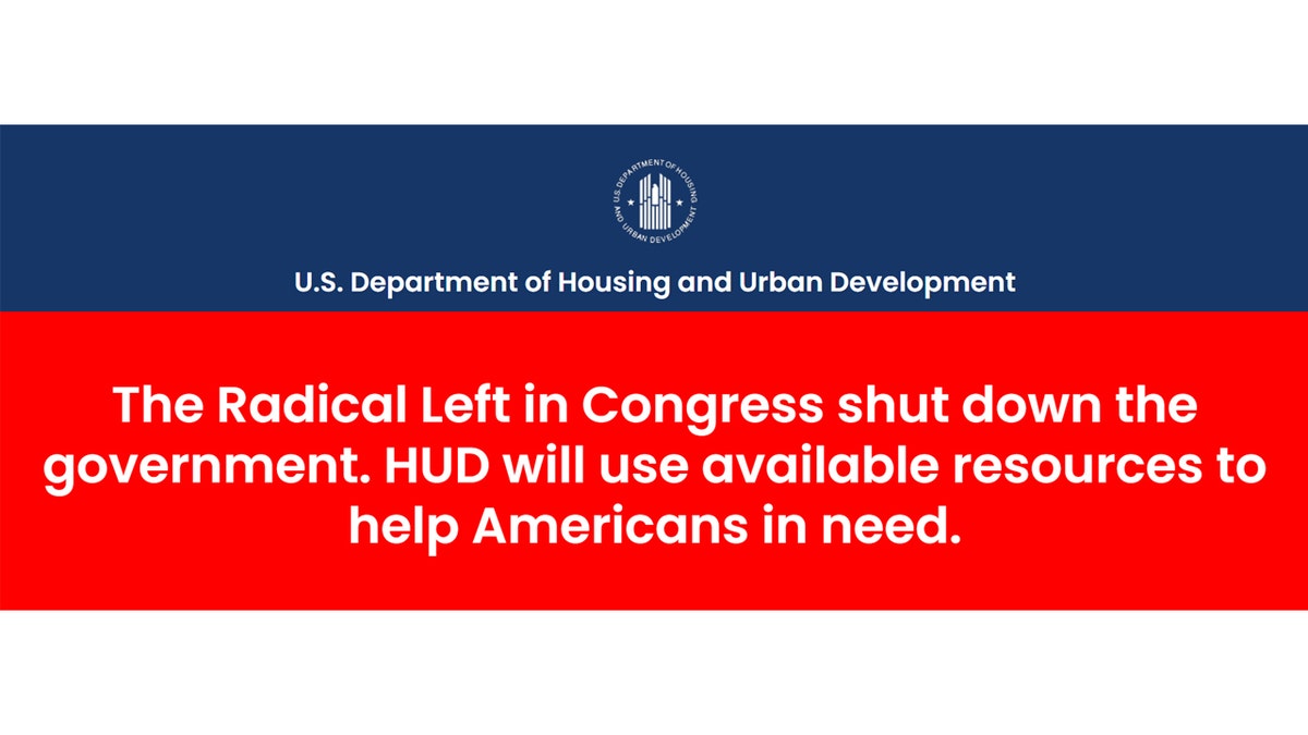 A banner from the U.S. Department of Housing and Urban Development (HUD) displays blame to Democrats for the government shutdown.