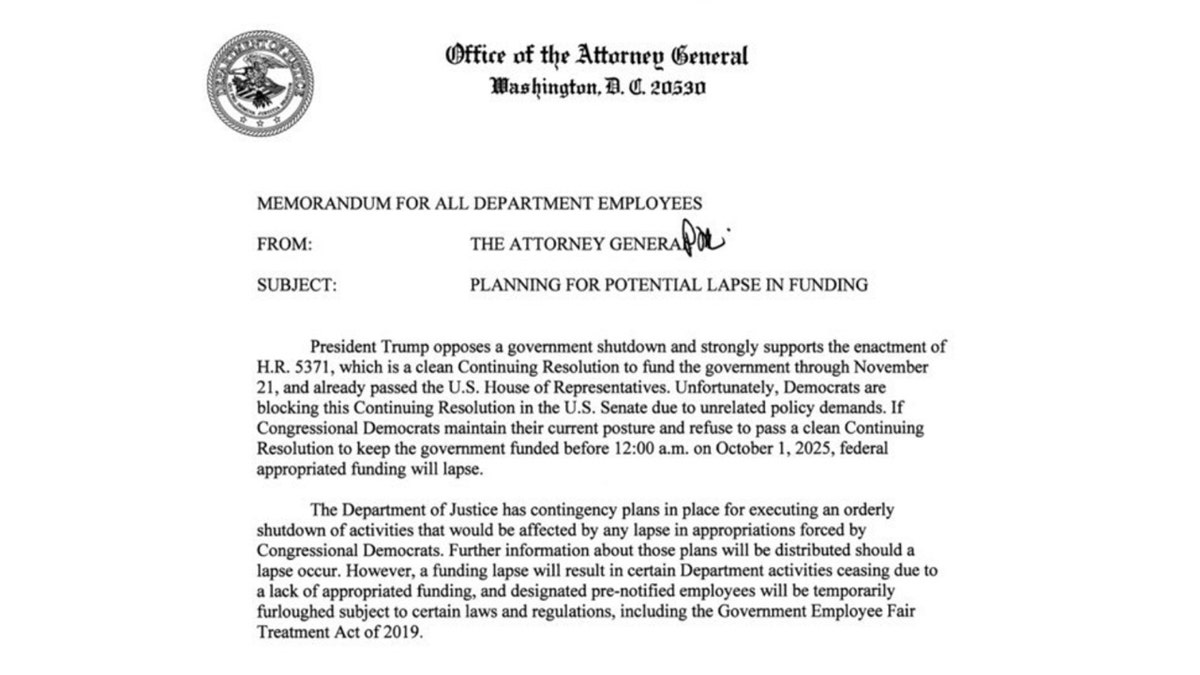 An internal memo that explains what a shutdown means at DOJ for furloughed employees.