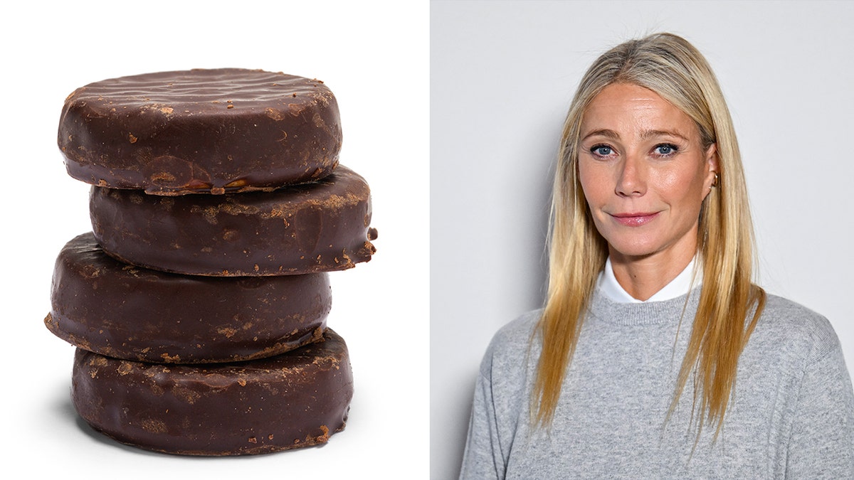 Four chocolate-covered Oreos are stacked on top of each other in front of a white background, left. Gwyneth Paltrow smiles in front of a gray background, right.
