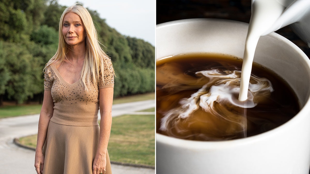 Gwyneth Paltrow poses for a photograph outside, left. Cream is poured into a cup of coffee, right.