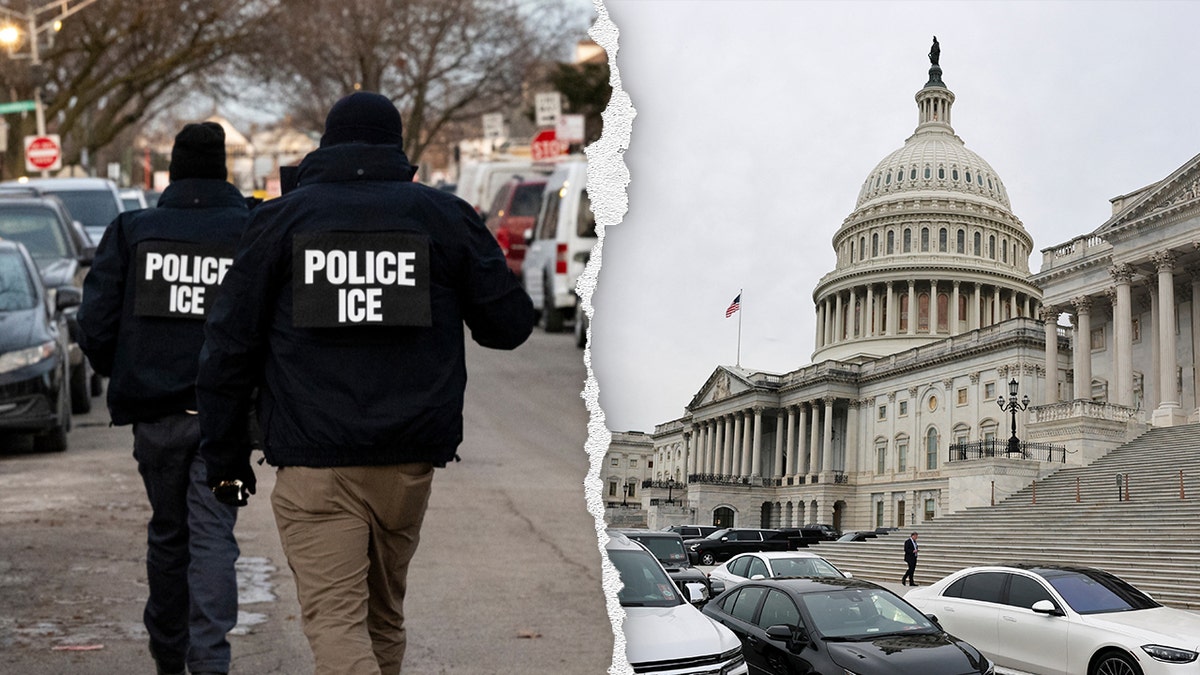 Two ICE agents shown next to an image of the U.S. Capitol