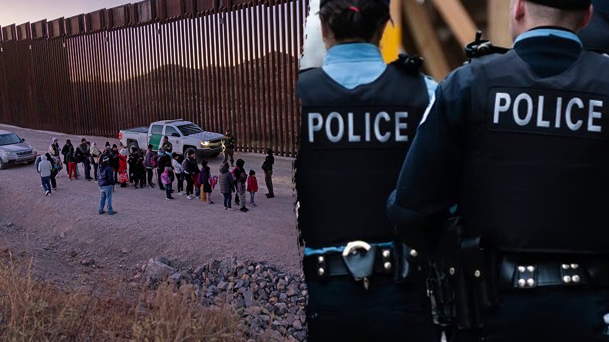 Illegal immigrants at border wall (L) and Police (R)