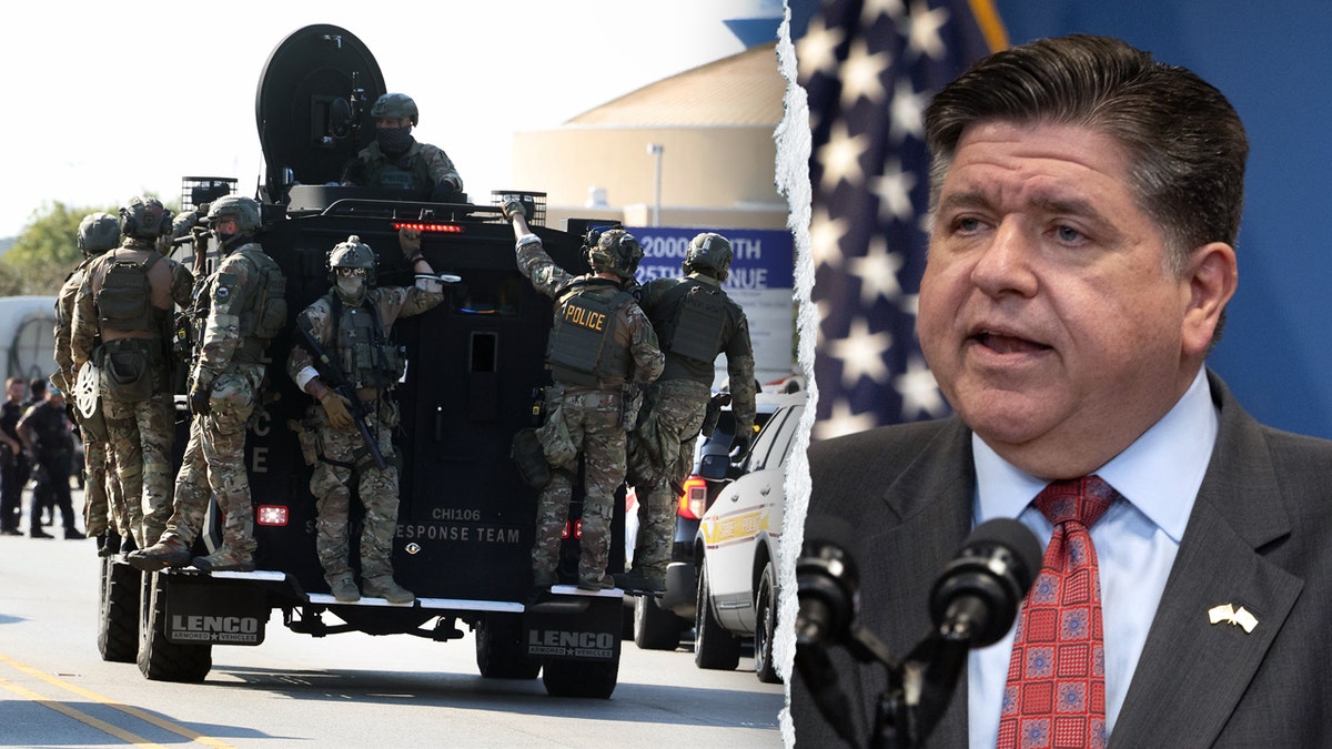 Federal agents riding on a truck and Illinois Gov JB Pritzker