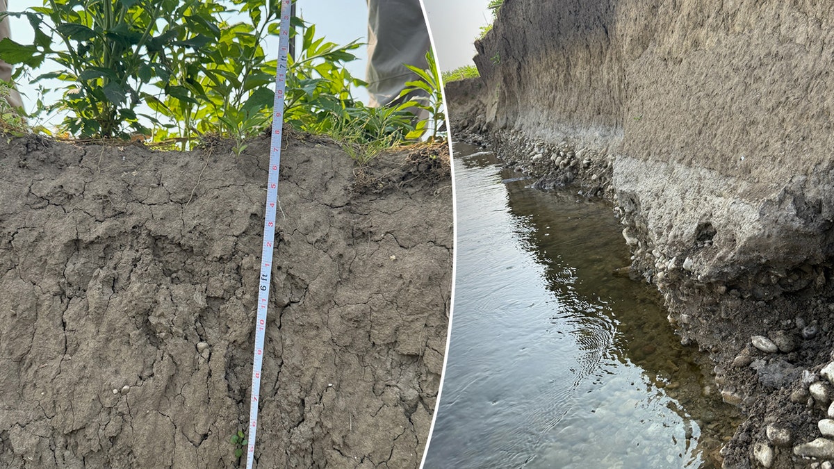 Split image of river bank, measuring tape at site