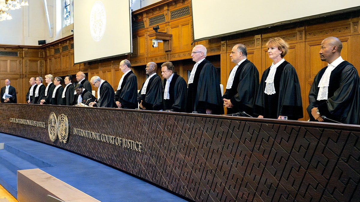 Judges stand at the International Court of Justice in the Netherlands.