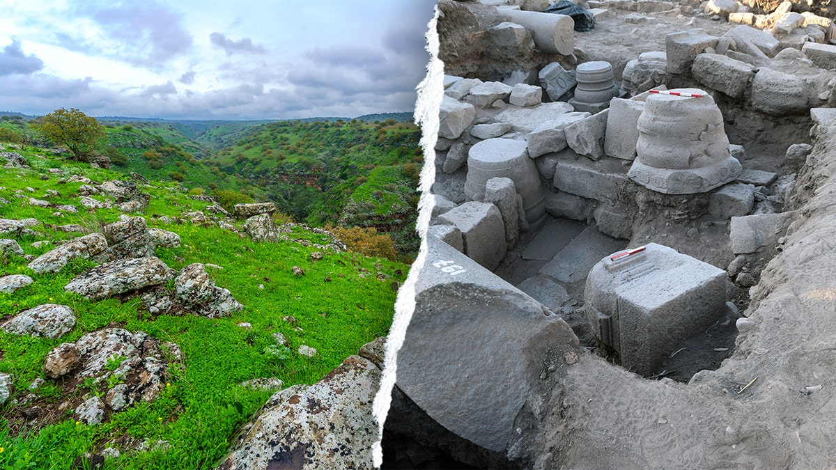 Split image of Golan heights, ruined synagogue