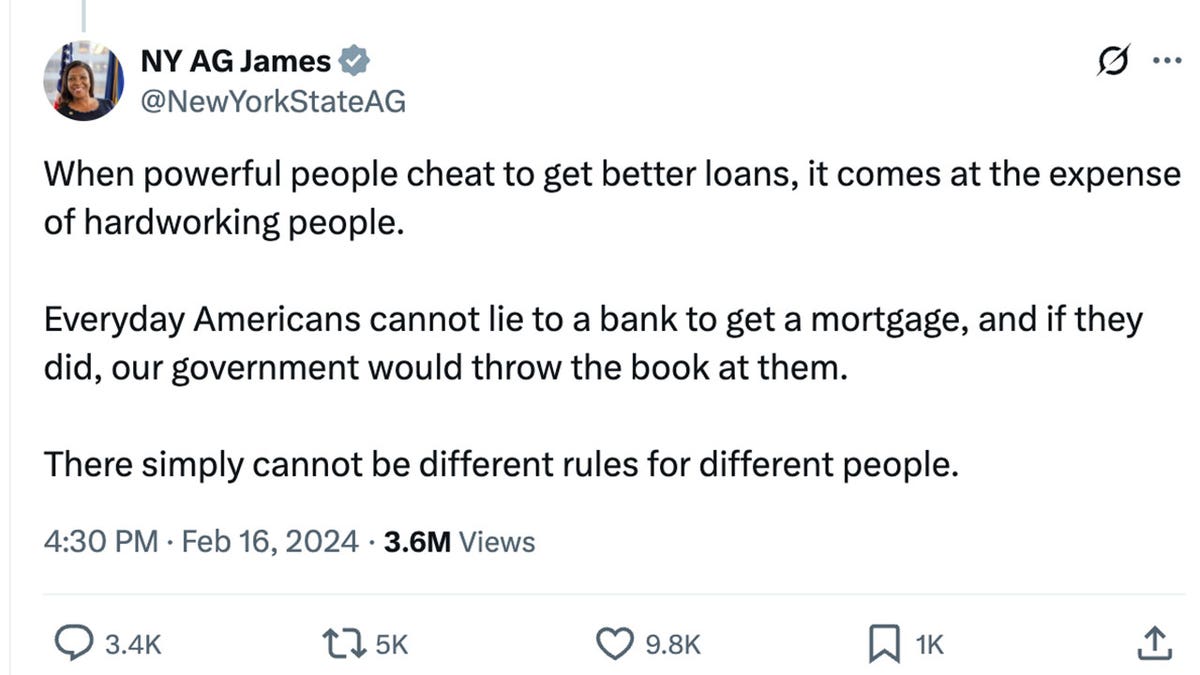 New York Attorney General Letitia James post on X