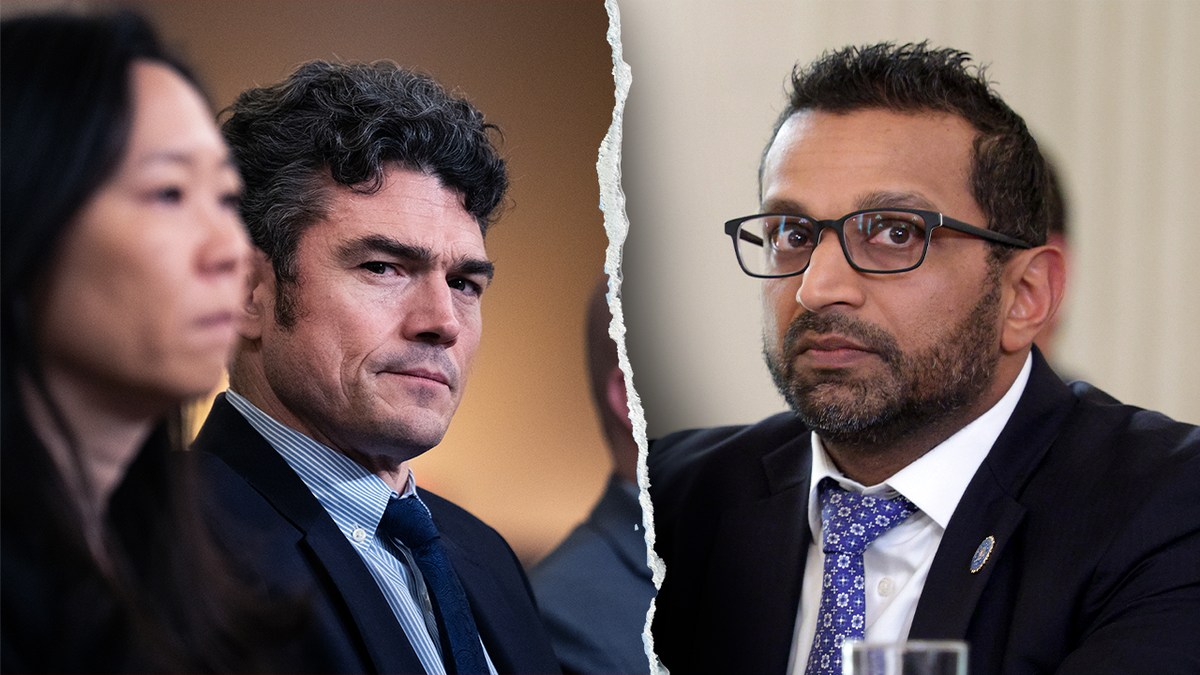 A split image shows Joe Kent on the left and FBI Director Kash Patel on the right, both are wearing suits. Patel is also wearing glasses.