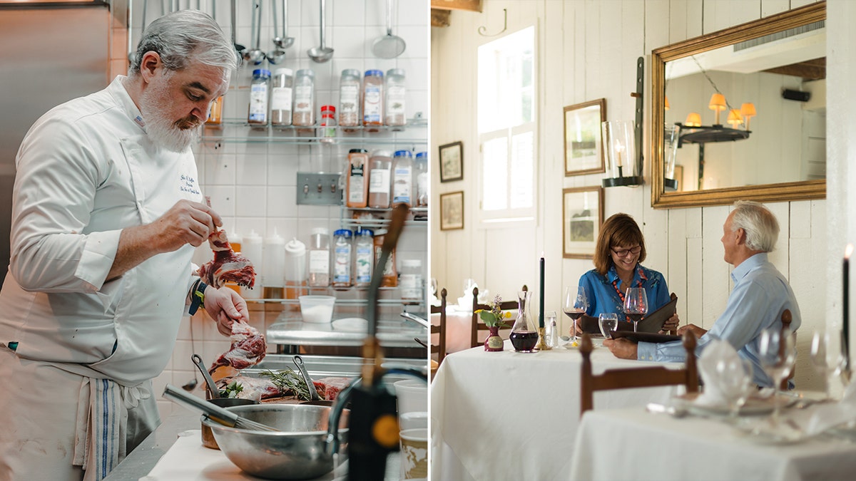 A chef holds beef in a commercial kitchen, left. A man and a woman enjoy a meal at a restaurant, right.