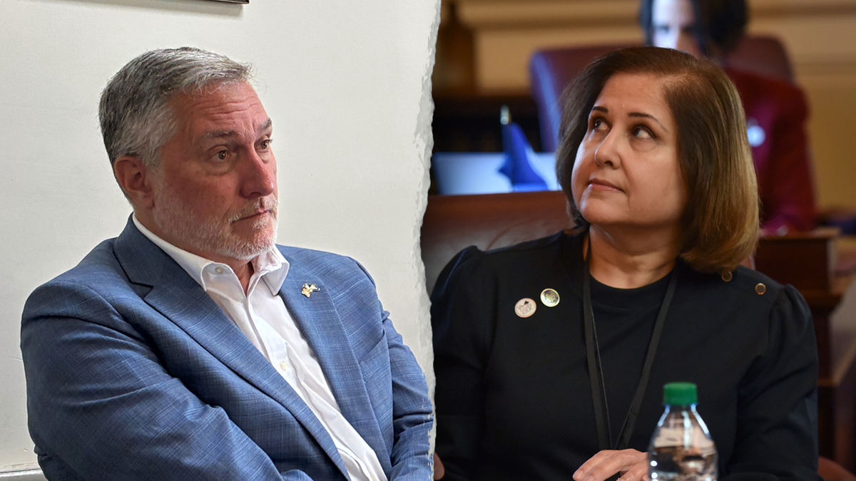 El candidato a vicegobernador John Reid y Ghazala Hashmi se miran en una imagen compuesta.