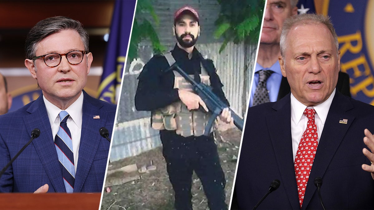 Imagen dividida del presidente Mike Johnson, el líder de la mayoría Steve Scalise y un presunto terrorista arrestado el 7 de octubre en Luisiana.