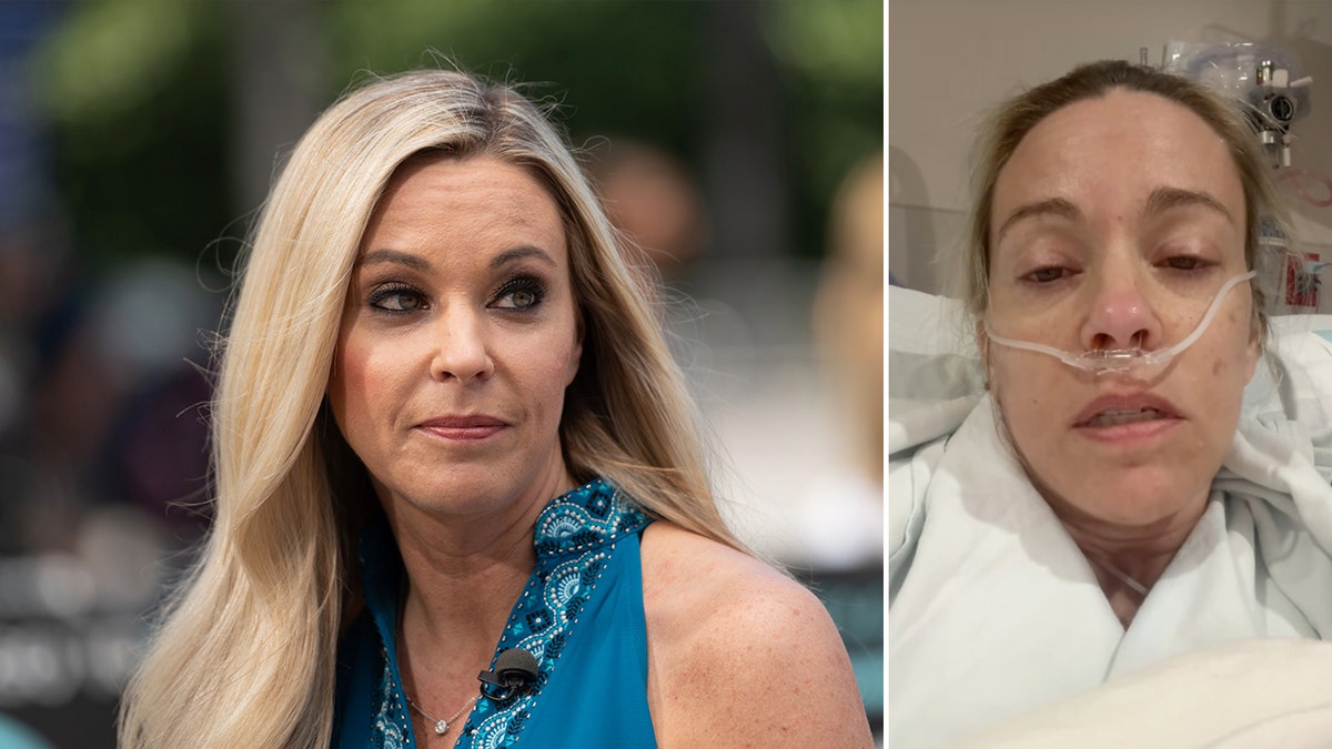 Split photo of Kate Gosselin looking directly at the camera in a media interview wearing a blue dress and lying in a hospital bed wearing a nasal cannula for oxygen support.