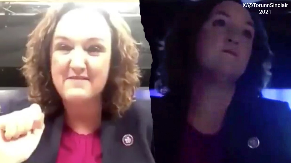 Katie Porter com uma luz forte em uma chamada de zoom.