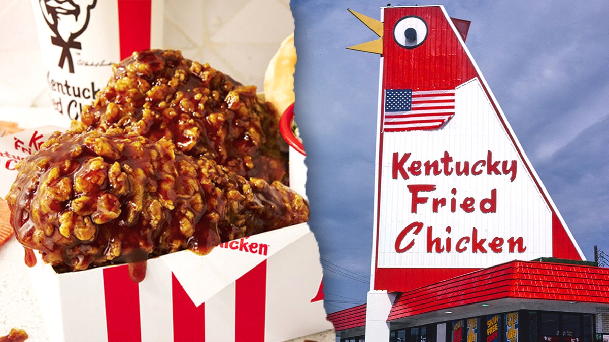 Split image of Honey BBQ chicken and 90s KFC exterior