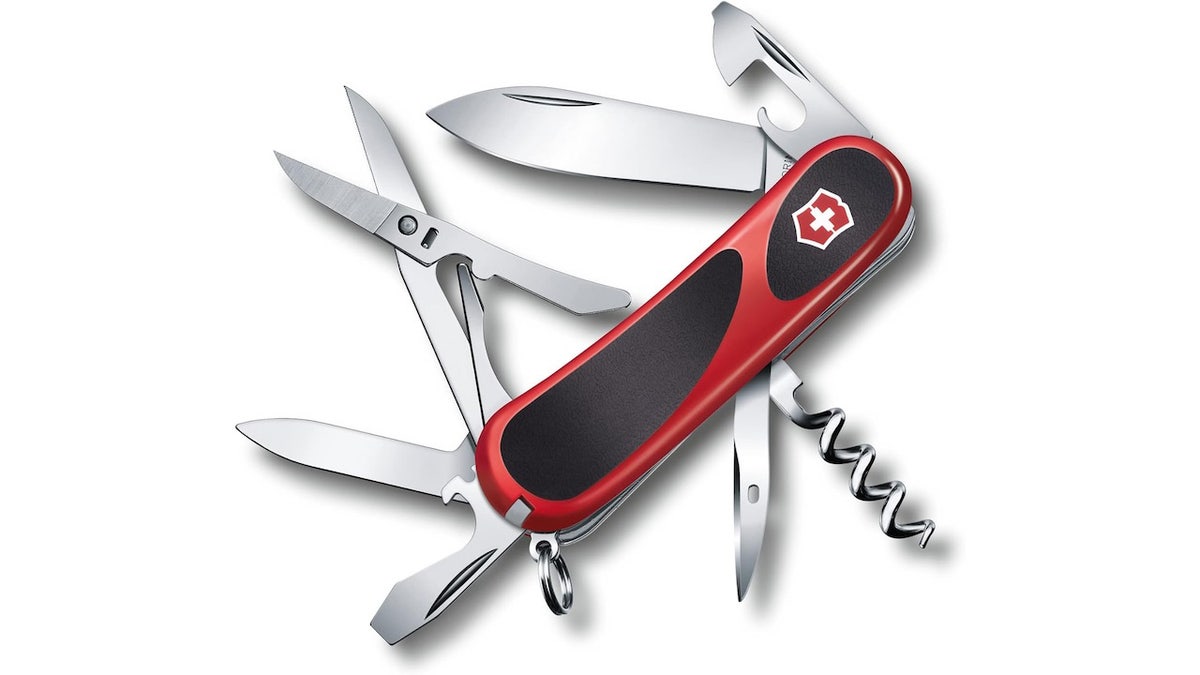 This Swiss Army knife includes scissors, multiple knives and a corkscrew. 