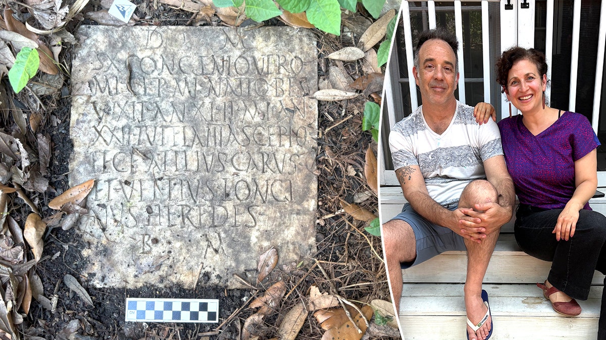 Split image of couple smiling next to Roman slab