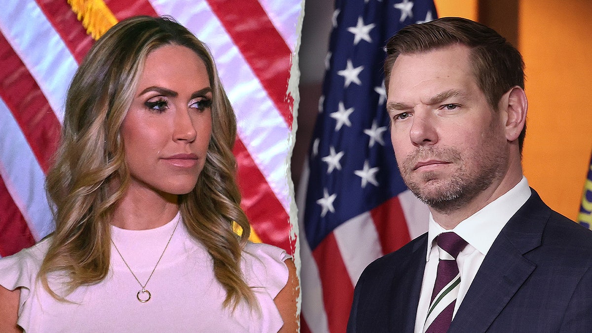 Fox News host Lara Trump in a side-by-side split with Democratic Rep. Eric Swalwell