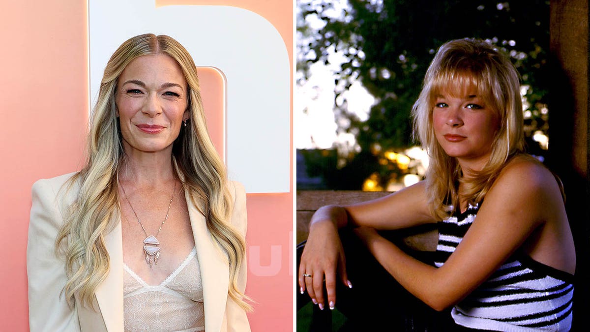 LeAnn Rimes pictured on a red carpet in 2025 and sitting by a lake in 1997.