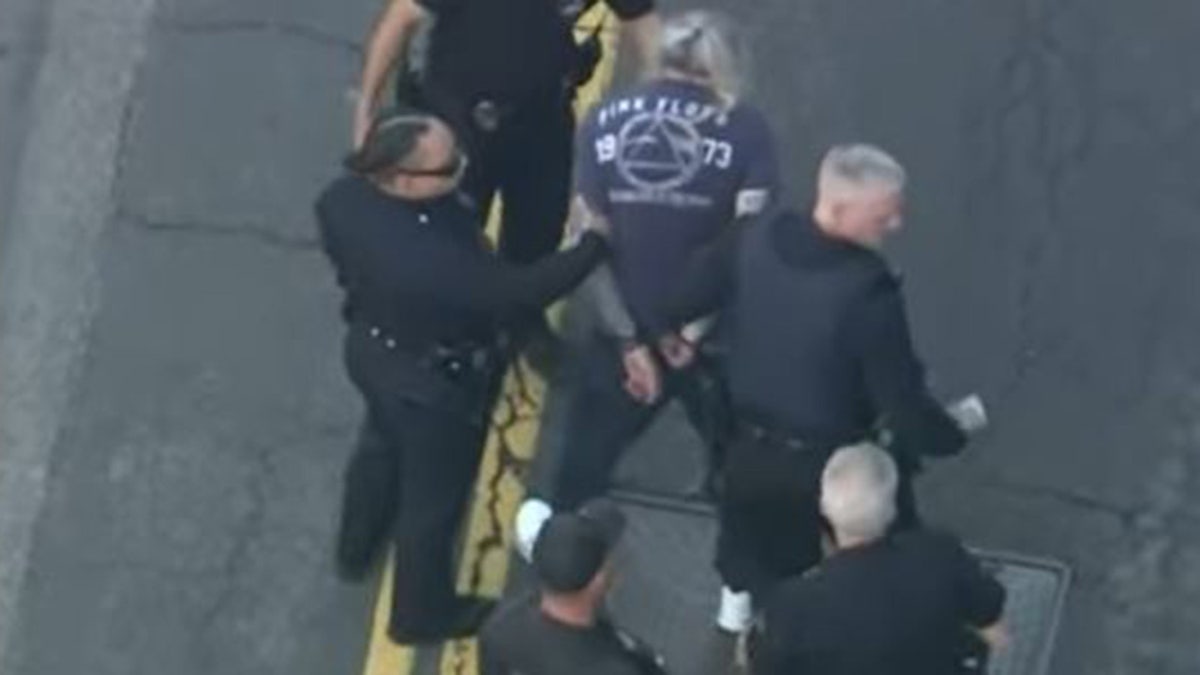 Police take a man into custody in front of Los Angeles City Hall, after allegedly driving his car onto a sidewalk that prompted an evacuation of the building, Friday, Oct. 3., 2025.
