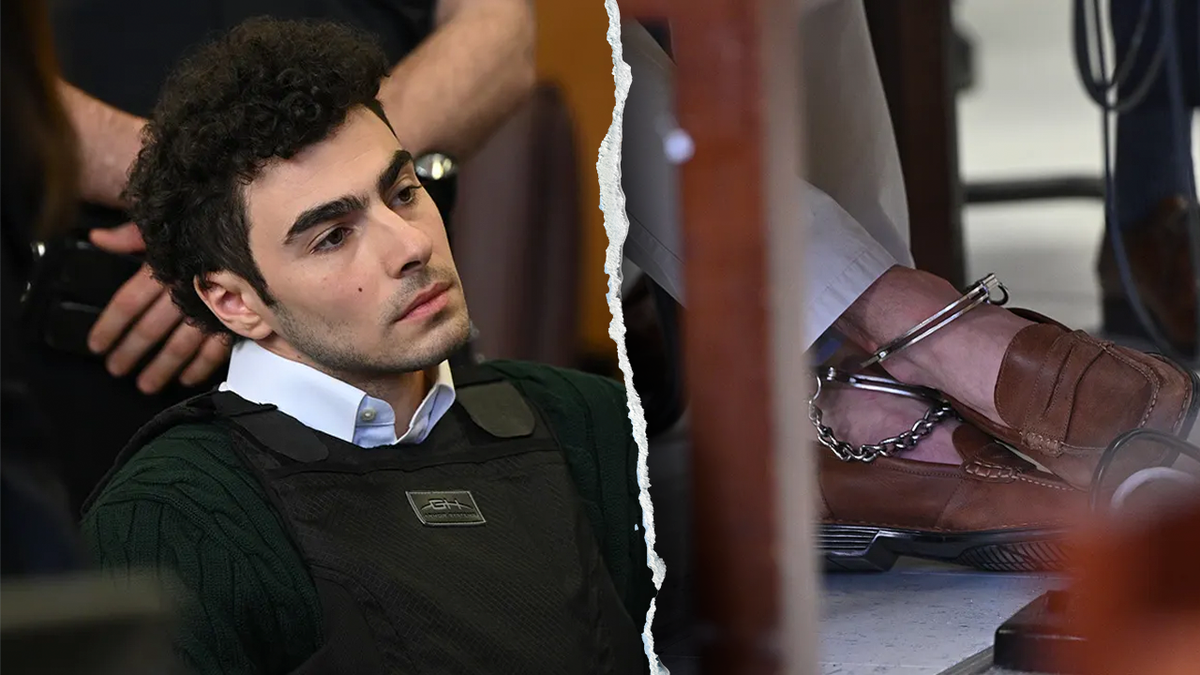 另一張照片顯示路易吉·曼焦內在法庭上和他戴著手銬的腳。一名警衛發現他的襪子裡藏著兩張紙幣後,