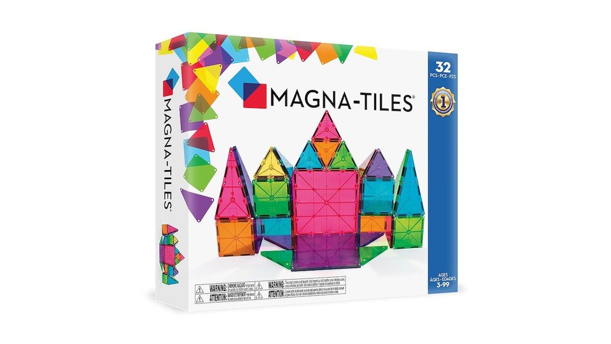 This magnetic building set features classic geometric shapes in primary colors.