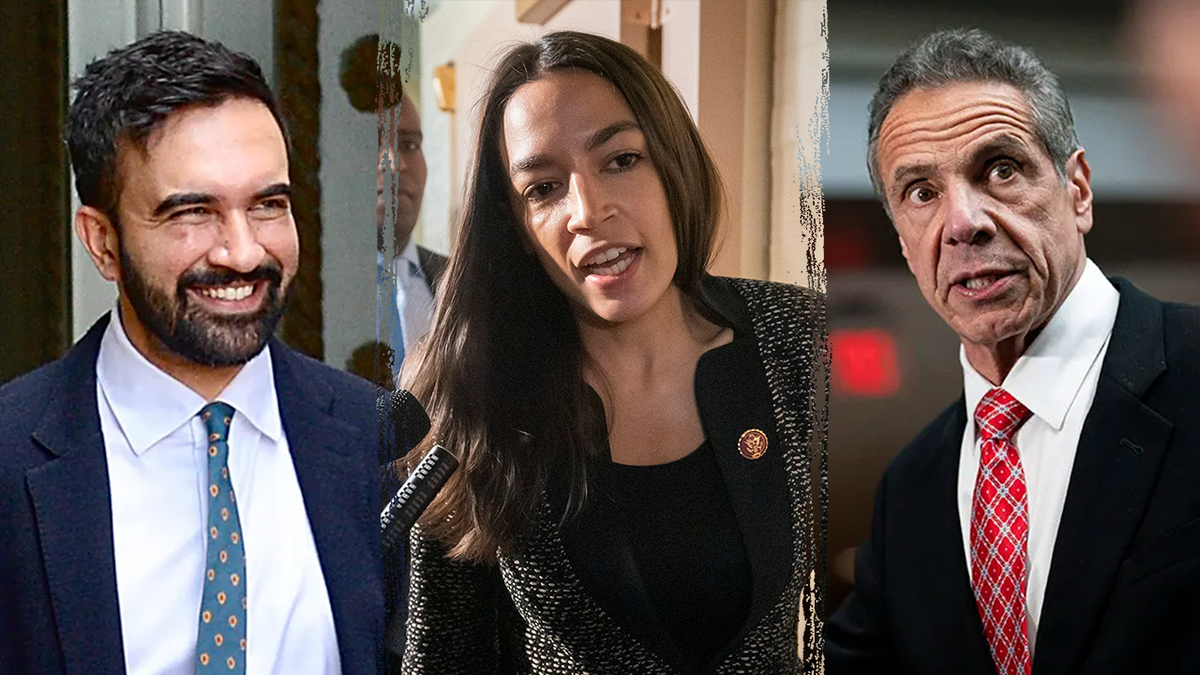 Johran Mamdani, deputado Alexandria Ocasio-Cortez e ex-governador Andrew Kuomo Split Image