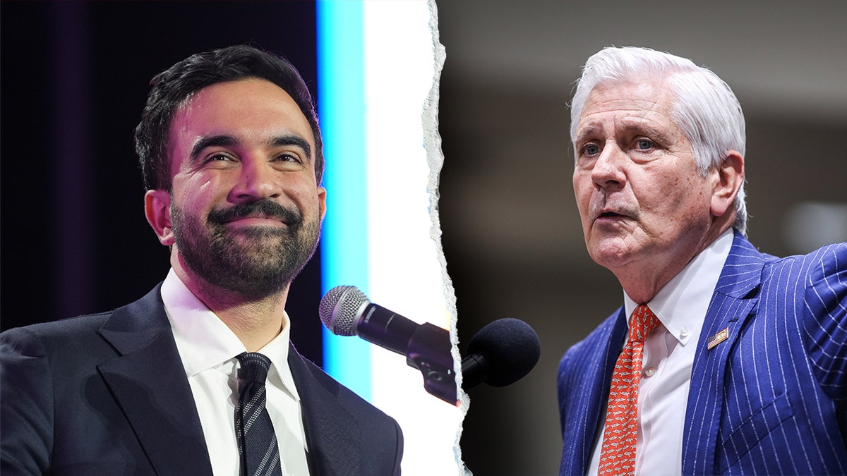 Split image of Zohran Mamdani and Bruce Blakeman speaking at separate events.