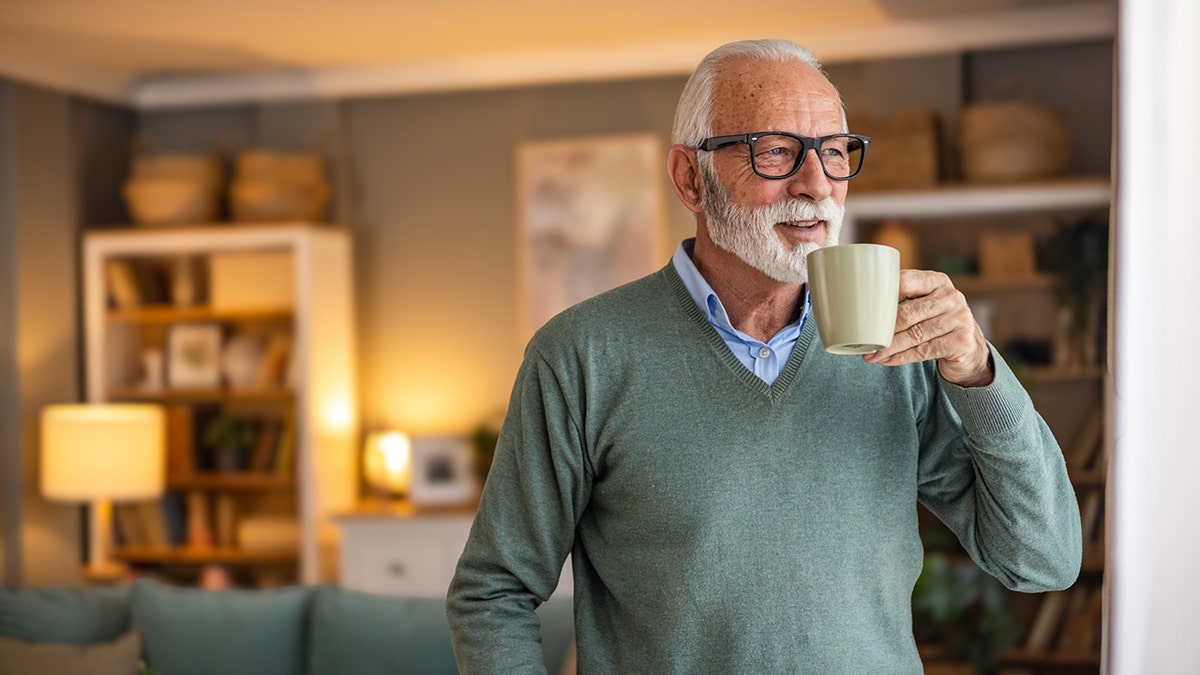A man is standing in the living room with a happy smile and holding a cup of coffee