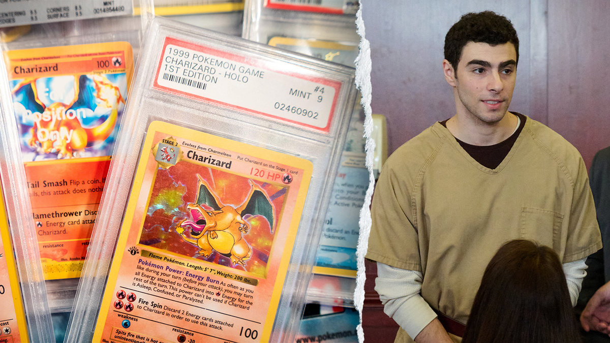 A split image showing a pile of graded pokemon trading cards and luigi mangione in court