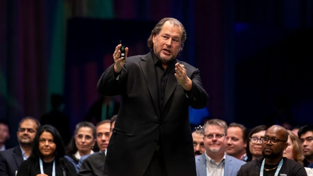 Marc Benioff addresses a crowd