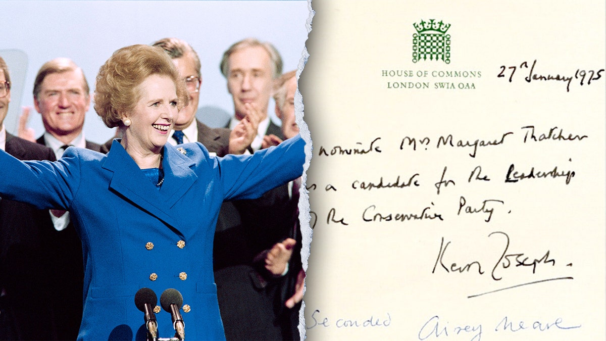 Split image of Thatcher cheering, nomination letter