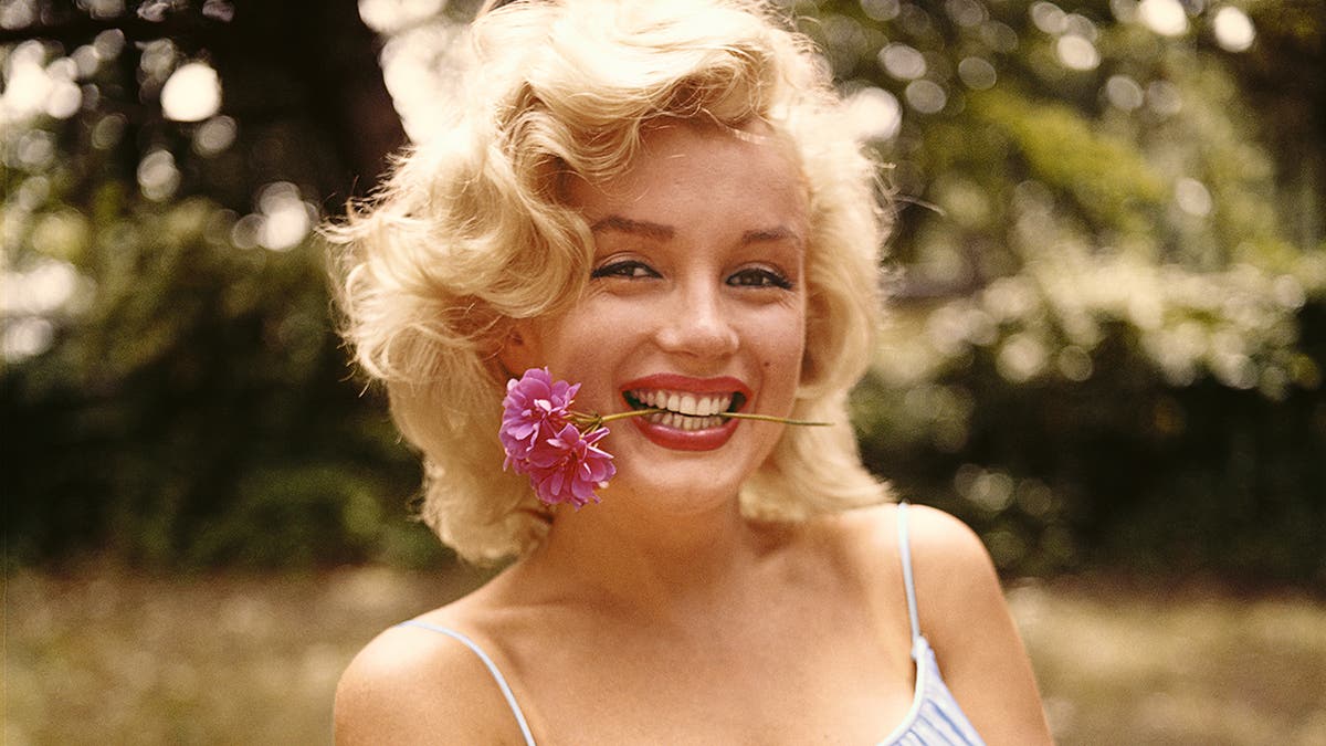 Marilyn Monroe smiling with a pink flower in her mouth.