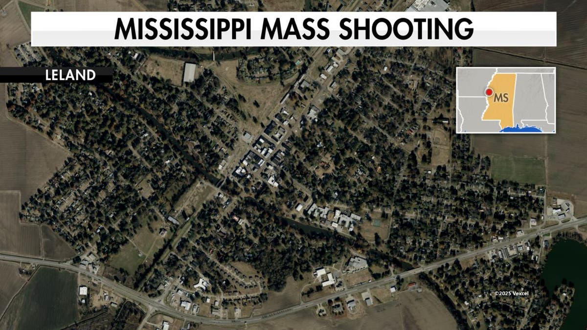 Map showing Leland, Mississippi, site of mass shooting that left six dead.