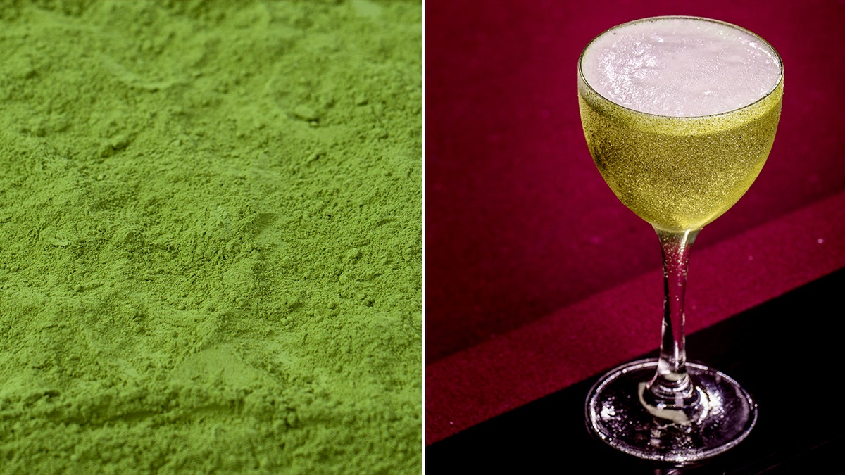 Matcha powder is shown, left. The matcha-infused "Dama Verde" cocktail at The Sylvester in Miami is shown, right.