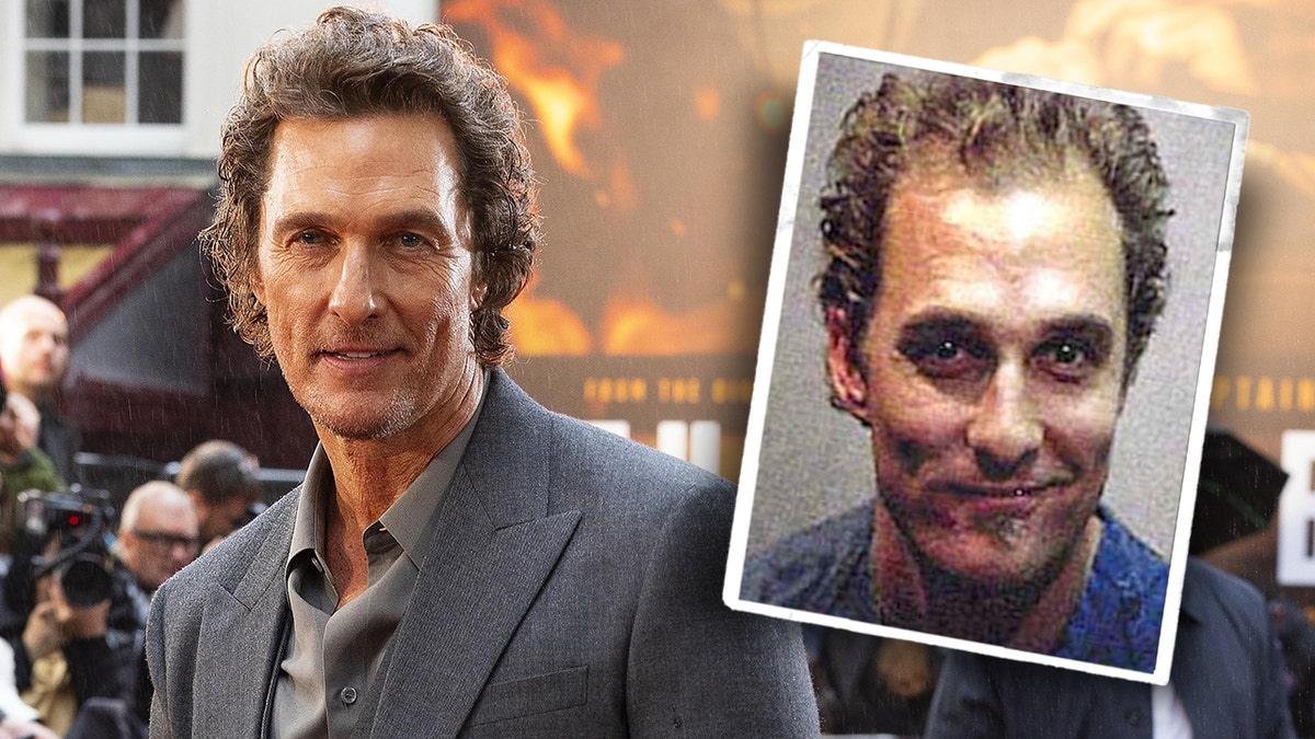 Matthew McConaughey on the red carpet at a screening of "The Lost Bus" in September 2025, with an inset of his 1999 mugshot.