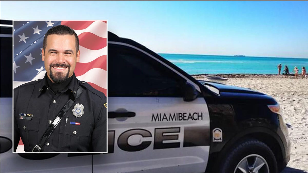 Miami Beach police office David Cajuso and a photo of a police vehicle on the beach.