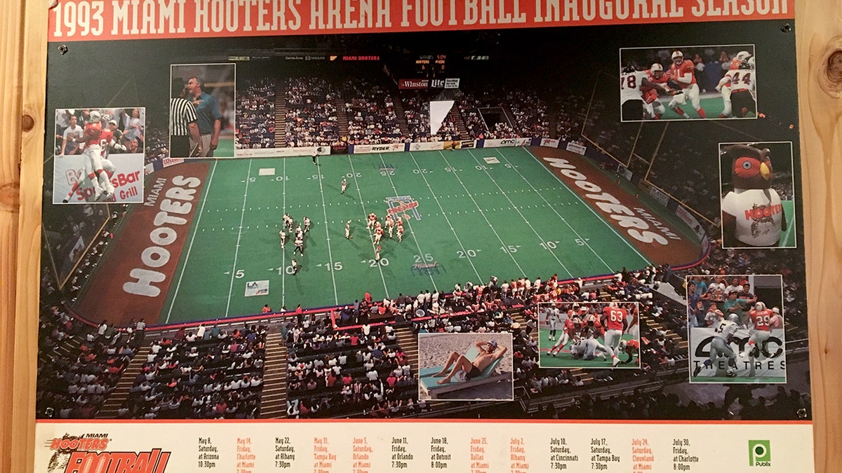 A poster shows the inaugural season of the Miami Hooters Arena Football League team from 1993.
