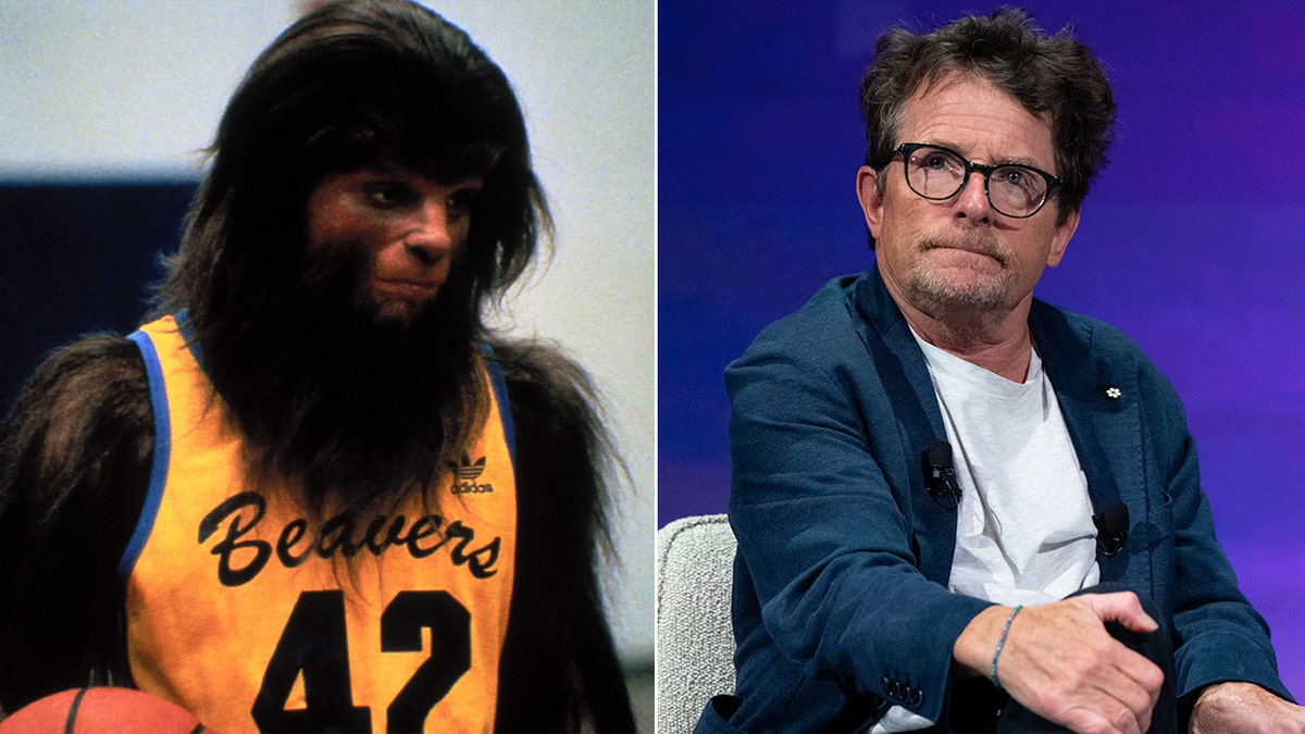 A split of Michael J. Fox on set of "Teen Wolf" and of him in June 2023.