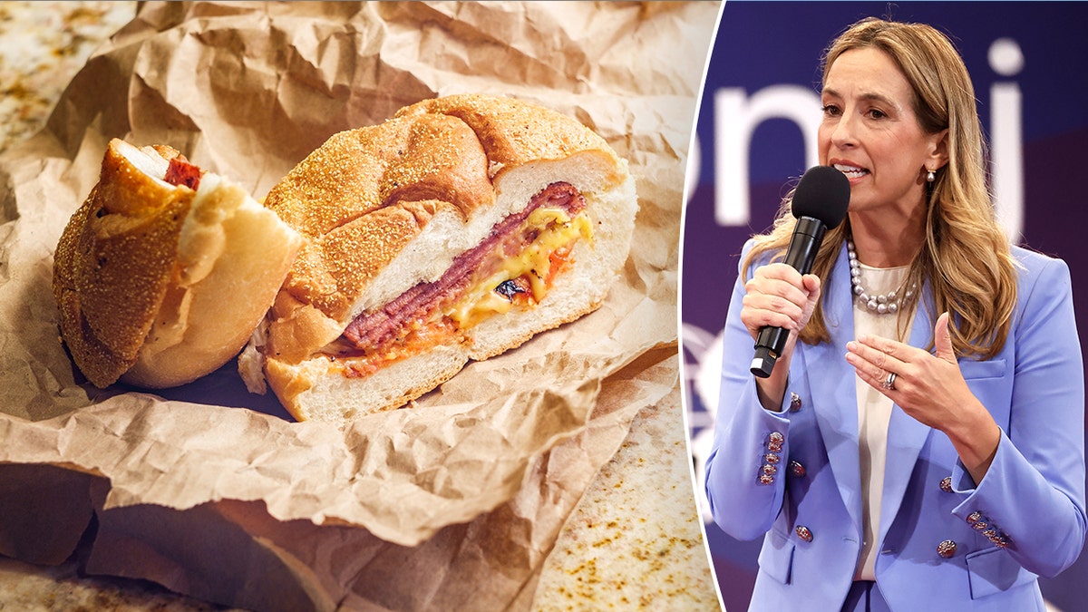 Mikie Sherrill, right, alongside a pork roll sandwich.