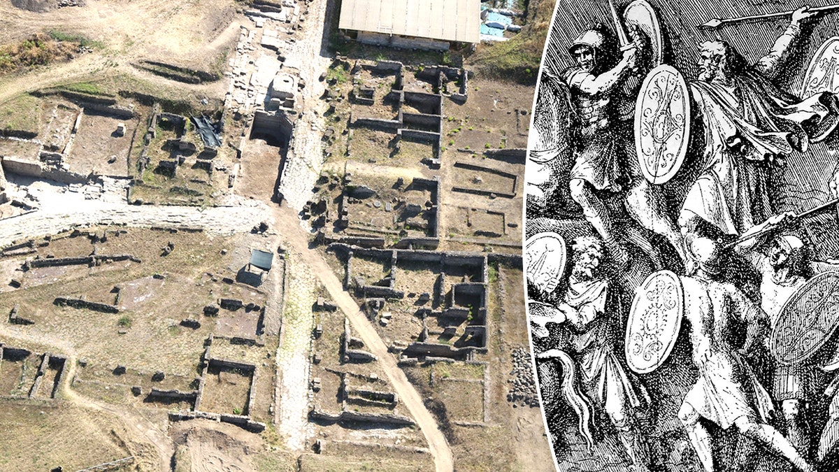 Split image of aerial of site, Romans in battle